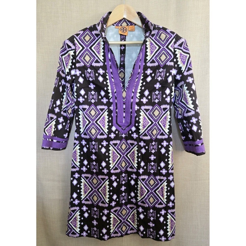 TORY BURCH Purple Ikat Stretch Cotton 3/4 Sleeve Split Neck Tunic Dress Size 6